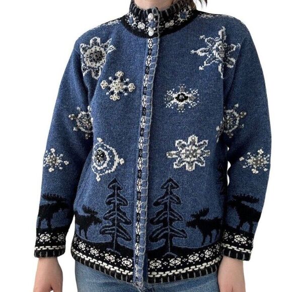 Vintage Coldwater Creek Wool Snowflake Christmas Theme Cardigan Jacket Sz S - Picture 1 of 7